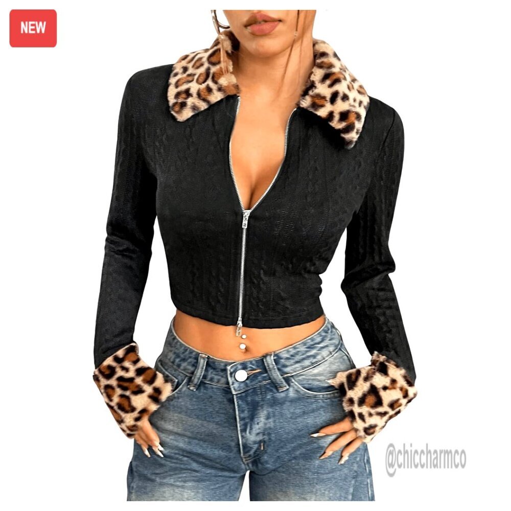 Leopard Print Faux Fur Trim Crop Jacket Y2k Clubwear